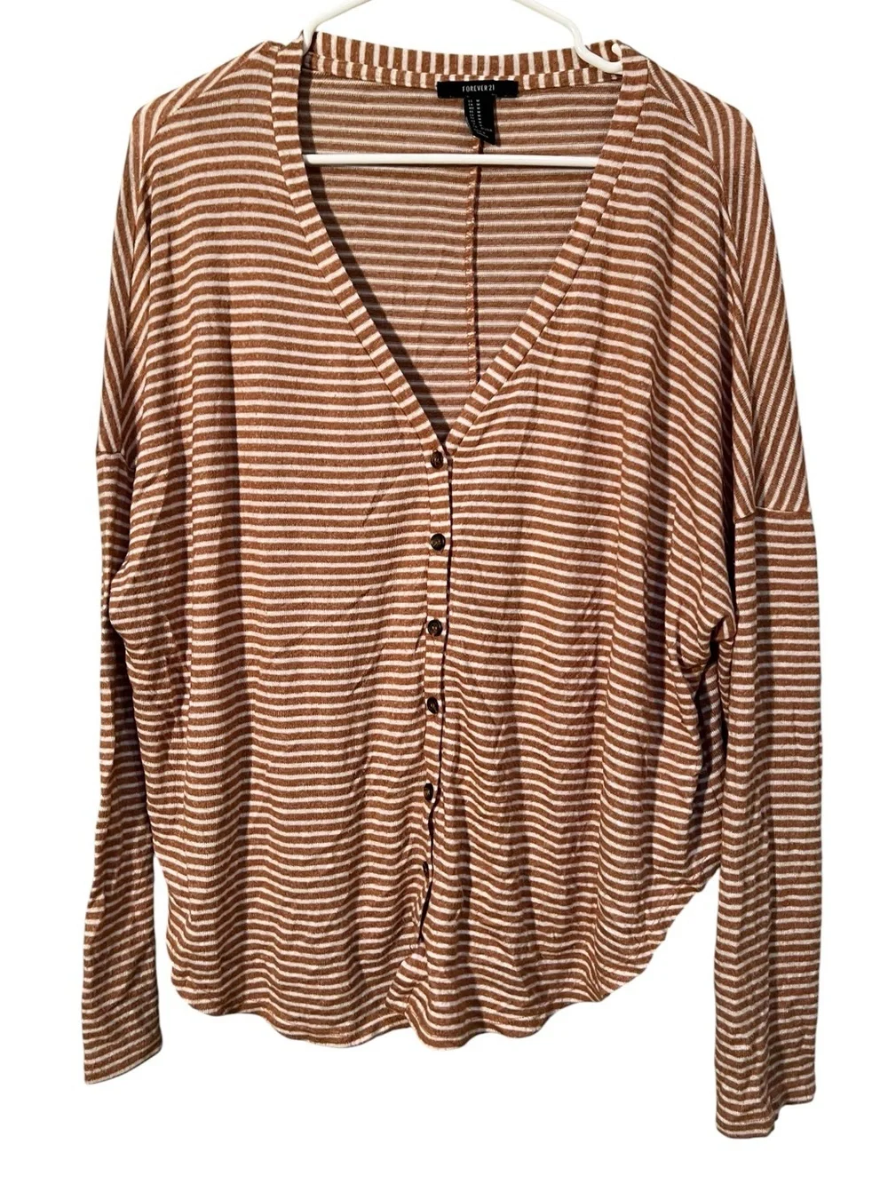 Forever 21 Womens Size Medium Cardigan Top Tan White Stripes Button Down Stretch